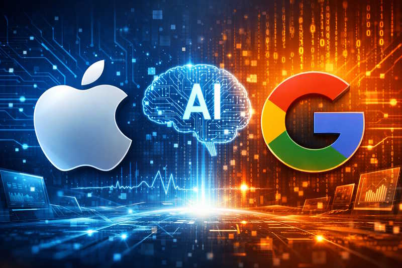 Illustration of Apple and Google logos with AI graphics